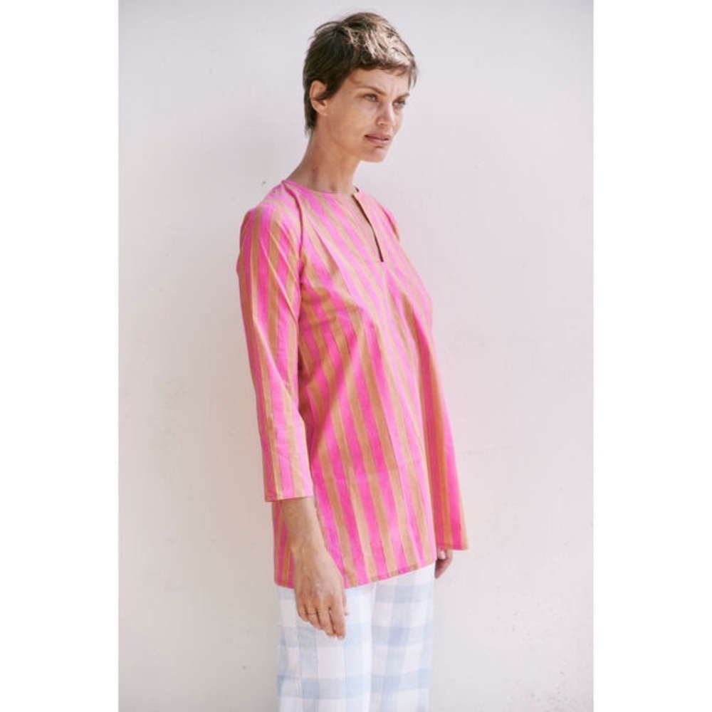 SZ Blockprints Primavera Tunic in Thick Stripes, Pink/Orange M